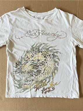 Vintage Ed Hardy Y2K Baby Tee Tiger Graphic “Wild for Love" Cropped Length Small